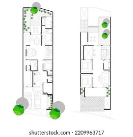 esbozo de plano de una casa de dos plantas con forma alargada que se adapta a la forma del terreno