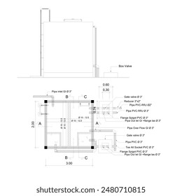 floor plan sketch and view of the reservoir equipped with notations and dimensions