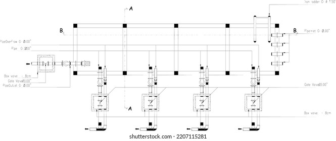 floor plan sketch of water reservoir and piping for water distribution