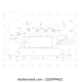 floor plan sketches of buildings for cafes, restaurants, shops, etc. which have a large yard for hanging out and a play area