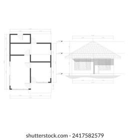 floor plan of a small residence and front view of the house