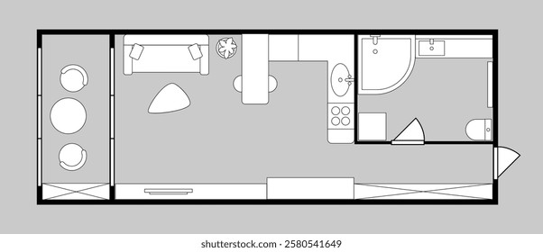 Floor plan of studio apartment with balcony and furnishing. Vector dwelling or house layout, architectural planning and furniture arrangement. Residential structure and interior decoration