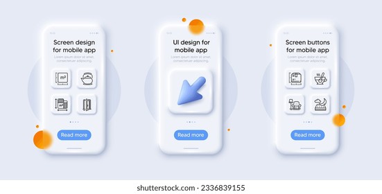 Plano del piso, Tea cup e iconos de la línea del tamaño del paquete. 3d teléfono se burla con el cursor. Pantalla de teléfono inteligente de vidrio. Sillón, Tetera, Icono web del colchón nocturno. Medidor cuadrado, pictograma de la puerta abierta. Vector