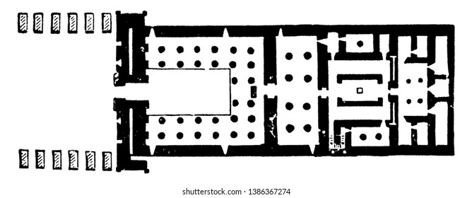 Floor Plan of the Temple of Khonsu is an example of an almost complete New Kingdom temple, this temple is at the end of the avenue of syphinxes, vintage line drawing or engraving.