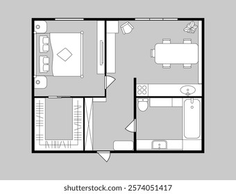 Floor plan, top view of apartment or house with bedroom, bathroom and kitchen. Vector architectural schematic layout of furniture and walls, planning and space structure of home or dwelling