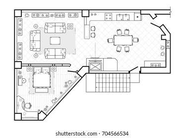 Floor plan, top view. The interior design terrace. The cottage is a covered veranda.
Layout of the apartment with the furniture. Vector architecture