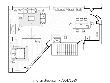 Floor plan, top view. The interior design terrace. The cottage is a covered veranda.
Layout of the apartment with the furniture. Vector architecture.