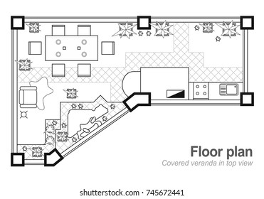 Floor plan, top view. The interior design project of terrace. The cottage is a covered veranda. Layout of the apartment with the furniture icons. Vector architecture blueprint.