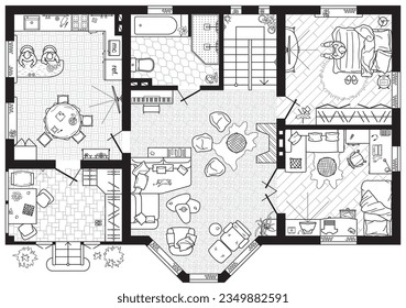 Plano del piso en la vista superior. Dibujo de esbozo de esquema. Cabaña con ventanal en el salón. La arquitectura y el diseño interior se ven desde arriba. El acondicionamiento de la casa con mobiliario. Vector 
