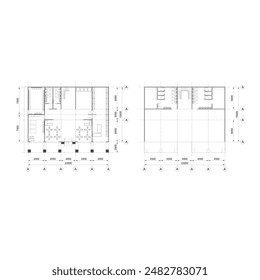Plan en planta de un edificio de dos plantas con dimensiones de habitación e interior