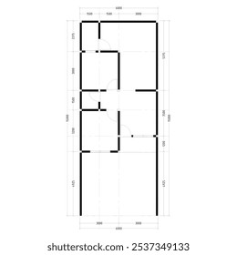 A planta do chão ou a disposição da parede de uma casa residencial está equipada com as dimensões da sala