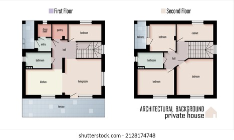 Floor Plans Of A House, Modern Cottage. Project Of Individual Villa, Apartment. Architectural CAD Drawing. Blueprint Layout. Technical Colored Plans. Vector Illustration