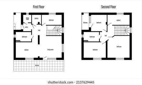 Floor Plans Of A House, Modern Cottage. Project Of Individual Villa, Apartment. Architectural CAD Drawing. Blueprint Layout. Technical Plans. Vector Illustration