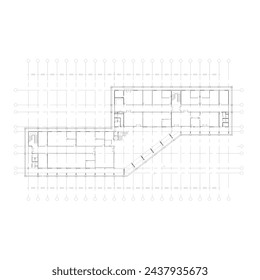 Floor plans of large buildings for offices sketched with dimensions and grid