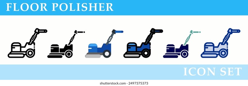 Floor polisher icons set. 6 Various styles. For sign, symbol, element, presentation, infographic or web graphics. Vector Illustration.