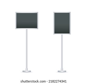 Floor Poster stands or information displays in frame on steel poles. Black sign holders, display board menu, advertising pedestals. Horizontal and vertical. Vector realistic Mock up. 