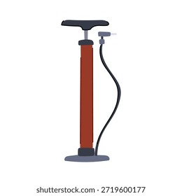 Bomba de piso para inflar neumáticos de bicicleta y otros inflables, mostrando manguera, válvula y medidor, herramienta de mantenimiento para reparación de bicicletas, garaje o uso doméstico sobre fondo blanco