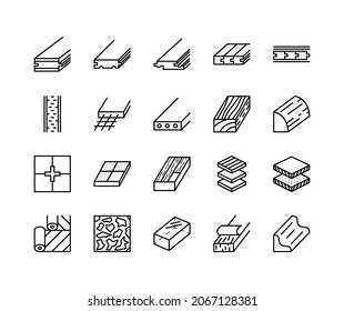 Floor repair material flat line icons set. Consist of Wood, tile, stone, pvc, vinyl. Simple flat vector illustration for web site or mobile app.