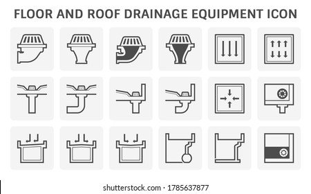 Floor, roof drainage equipment vector icon. May called parapet, scupper or storm drain consist of bowl, gutter, downspout pipe, deck or slab over building. Outlet of rainwater, stormwater for rooftop.