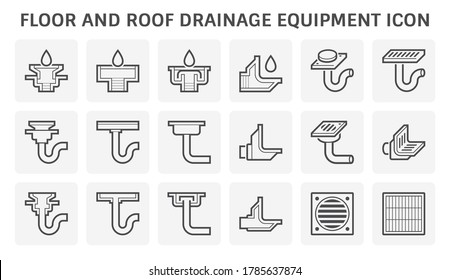 Floor and roof water drainage equipment and water drop vector icon set design.