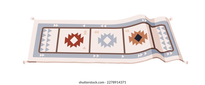 Floor rug, rectangle hallway mat with pattern, tassels, fringe decoration. Home hall passage, corridor carpet design for trendy interior. Flat graphic vector illustration isolated on white background