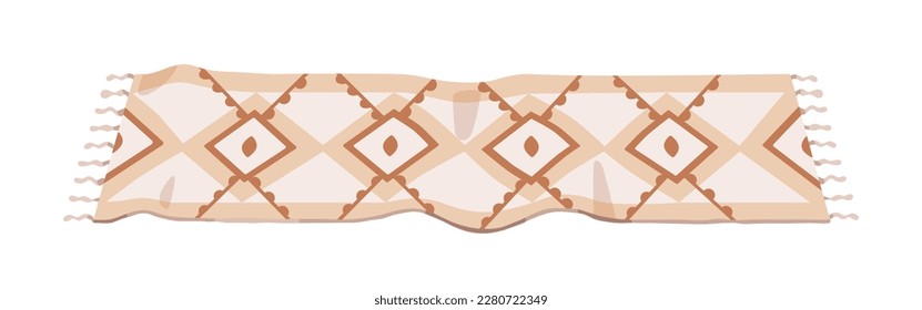 Floor rug runner, long rectangular hallway mat with pattern, tassels. Home passage, corridor carpet design for trendy interior. Colored flat graphic vector illustration isolated on white background