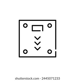 Floor scale and arrows down. Successful weight loss journey and fitness achievements. Slimming down. Editable icon