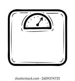 Floor scale hand drawn doodle. Equipment for weighing a person. Weight measurement. Health care. Vector line art illustration.