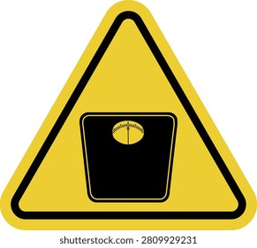 Floor scale for weighing. Foot platform and dial. Symbol for weight management, fitness, and dietetics. Yellow triangle warning sign.