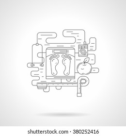 Floor scales, apple and measure tape. Diet and training program to maintain a good form and health. Single stylish flat line style vector icon. Web design elements for business, site, mobile app. 
