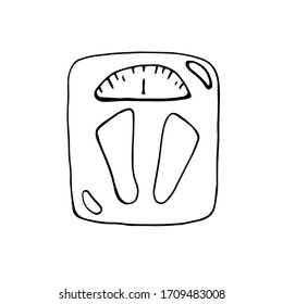 Bodenwaagen, im Doodle-Stil gezeichnet.Vektorillustration-Illustration einzeln auf weißem Hintergrund. Schwarze Umrandung auf Weiß. Für einen Fitness-Blog.