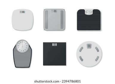 Floor scales electronic and mechanical device for weight measure top view set realistic vector illustration. Home gadget for daily weighing control diet with display overweight measurement health care