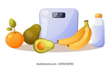 Floor scales, fruits, a bottle of water and an avocado. Weight loss, diet, healthy lifestyle, veganism, proper nutrition, fitness. Clipart on a white background on the theme of healthy eating