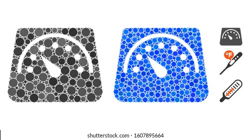 Floor scales mosaic of circle elements in variable sizes and shades, based on floor scales icon. Vector circle elements are grouped into blue mosaic.