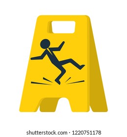 Floor sign of danger. Cleaning in progress. Wet floor sign. Falling silhouette man is on the floor. Pictogram of danger. Isolated yellow symbol on white background. Vector illustration flat design.