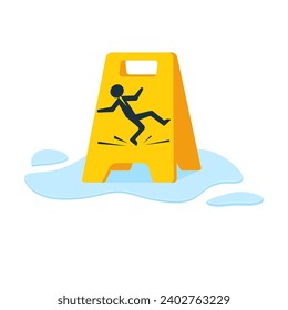 Floor sign of danger. Puddle on floor. Cleaning in progress. Falling silhouette man is on the floor. Pictogram of danger. Vector illustration flat design. Isolated yellow symbol on white background.