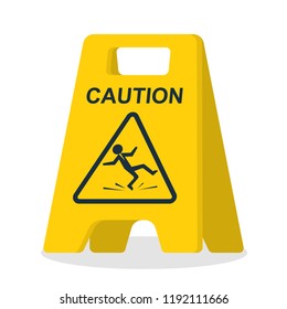 Floor sign of danger. Wet floor sign. Cleaning in progress. Falling silhouette man is on the floor. Pictogram of danger. Vector illustration flat design. Isolated yellow symbol on white background.