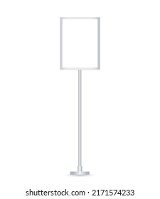 Floor sign holder, display board menu, advertising pedestal. Poster stand or display in frame on steel pole. Vector realistic template. Blank Mockup. A3, A4 vertical format. Front view. EPS 10.