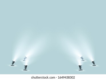 Floor spotlights for studio or stage. Vector realistic glowing floodlights for illumination show, concert or podium. Small spot lamps isolated on green background