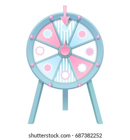 floor stand tripod base retro blue and pink color carnival game spinning  prize wheel of fortune with 8 slot sections isolated on white background. 3d realistic vector illustration