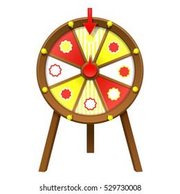 floor stand tripod base wooden retro carnival game spinning  prize wheel of fortune with 8 slot sections isolated on white background. vector illustration