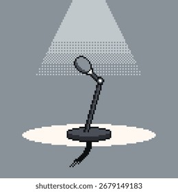 Floor Standing Microphone with Light from Above, Greyscale Pixel Art Illustration