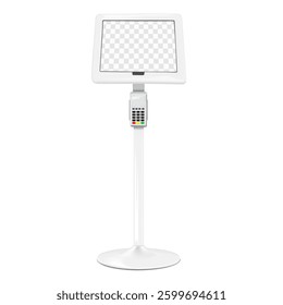 Floor standing self-service kiosk with touchscreen display and card swipe POS machine. Realistic 3d vector mockup. Interactive touch screen podium stand. Mock-up. Template for design