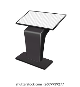 Floor standing touch screen self-service digital kiosk. Realistic 3d vector mockup. Angled tilt interactive touchscreen retail display. Mock-up. Empty LCD LED monitor screen. Template for design