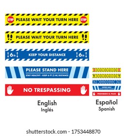 Floor stickers distance lines to prevent coronavirus and covid19, five different designs, please wait your turn here, keep your distance, please stand here, no trespassing, english and spanish