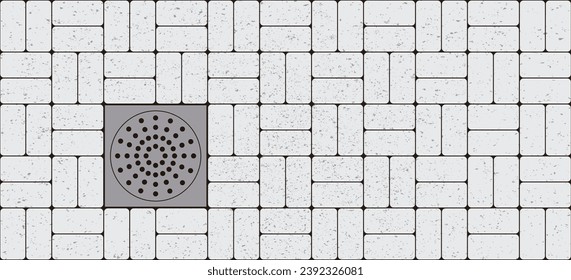 Floor or storm drainage on a brick stone floor, For running water in shower or Shower drain. Drain hole in the tile floor or shower. Water drain in the bathroom or kitchen. Shower drainage floor sign.