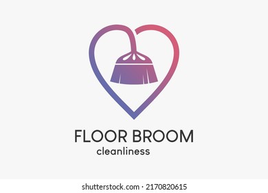 Floor sweep logo or house cleaning service with creative concept, floor broom silhouette combined with heart