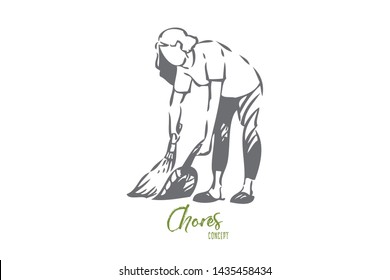 Floor sweeping concept sketch. Isolated vector illustration