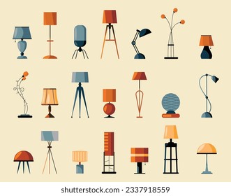 Floor and table lamps. Desk and loft electric light with bulb, room illumination equipment cartoon flat style. Vector isolated set of loft electric light and furniture illustration