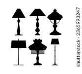 Floor and table lamps vector illustration Set of black silhouettes white background.